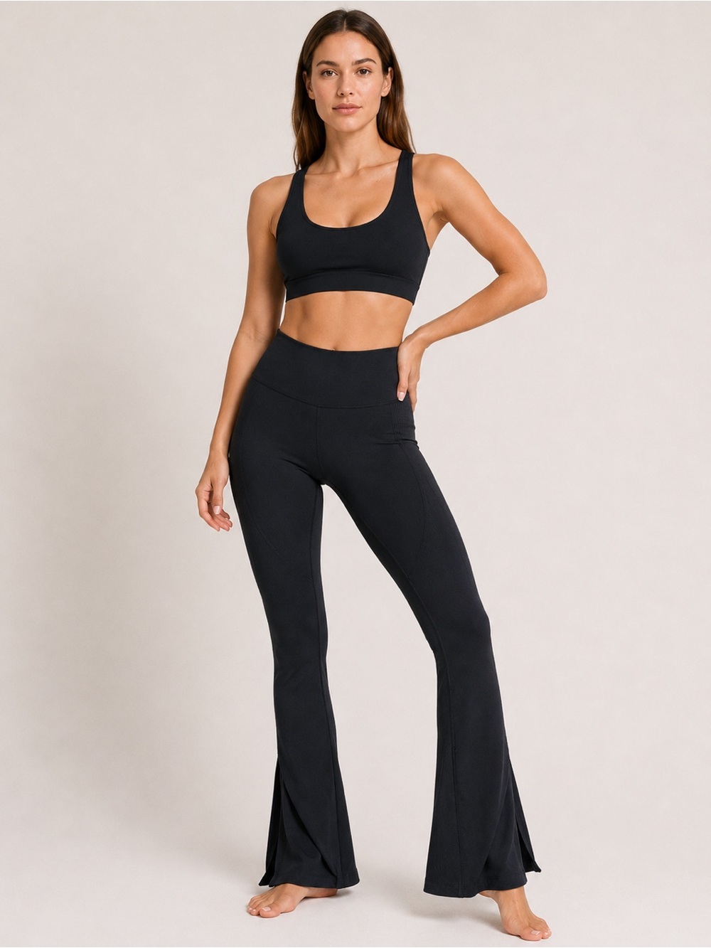 ALALA Black Leggings Small Flare Slit Bottom Hem Seamless High Rise Ribbed New S